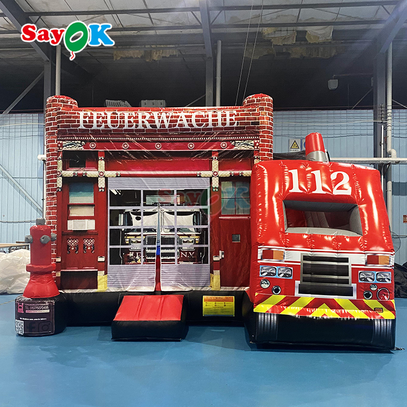 Château gonflable Sayok sur le thème de la caserne de pompiers, combo gonflable, camion de pompiers gonflable, toboggan pour enfants