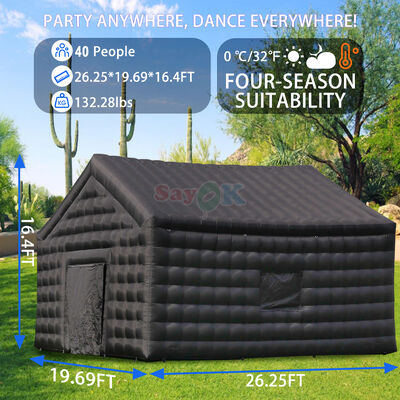 Tente disco gonflable noire 8m x 6m x 5mH, tente de boîte de nuit portable, étanche, résistante aux UV pour événements en extérieur